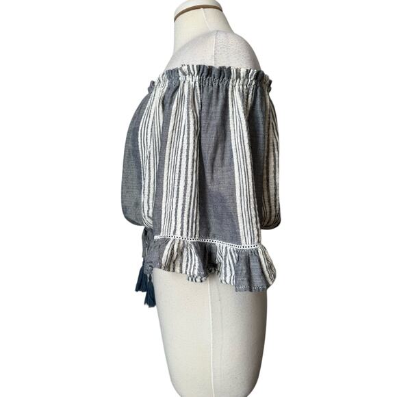 Surf Gypsy Womens M Boho Woven Off Shoulder Bell Sleeve Tassel Cropped Top Beach - Picture 3 of 7